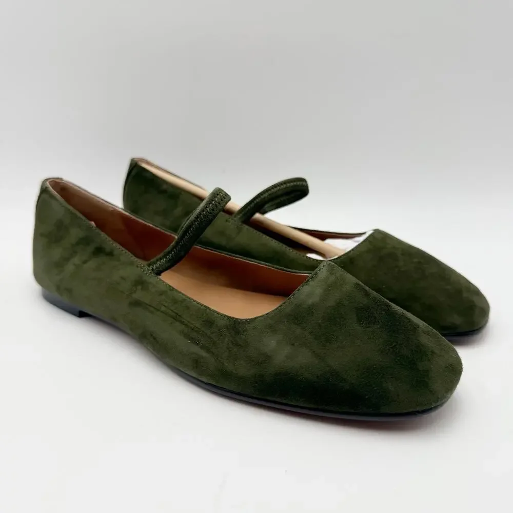 Madewell Womens Greta Elastic Mary Jane Flats Size 7.5 M Loden Green Suede NIB